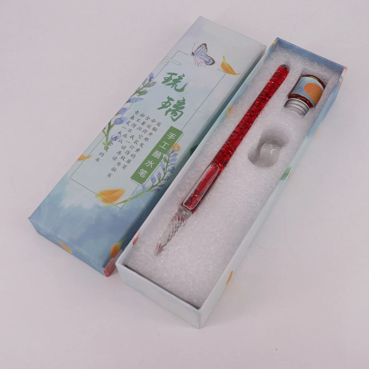 Glass Dip Pen And Ink Set Creative Gift Box Gold Powder Color Ink Handmade Sequined Glass Dip Pencil And Blue Gifts