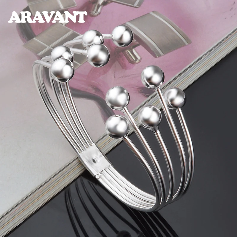 Aravant 925 Silver Multi Line Bead Open Bracelet Bangles For Women Wedding Jewelry Gifts