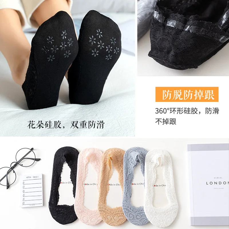 Lace High-heeled shoes socks non-slip Summer for Women ladies Cotton Invisible Solid Color Short Ankle Thin Boat slipper