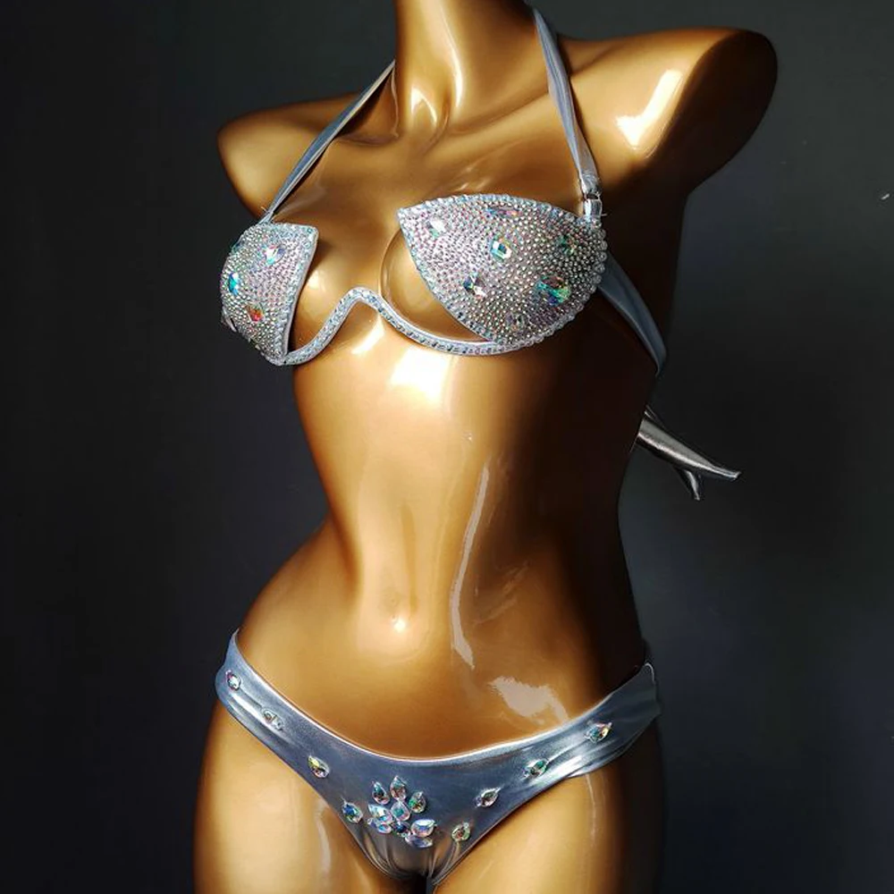 Nowy luksusowy zestaw Bikini kobiety Bling Diamante karnawałowy biustonosz krótki Top kryształowe majtki Rave Festival spalenie męska strój sukienka