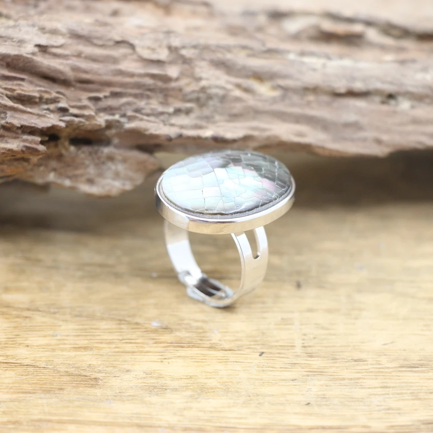 Oval Paua Shell Silvery Ring Round Natural Rainbow/Pink/White Abalone Shell Resizable Ring Women Fashion Summer Jewelry,QC4134