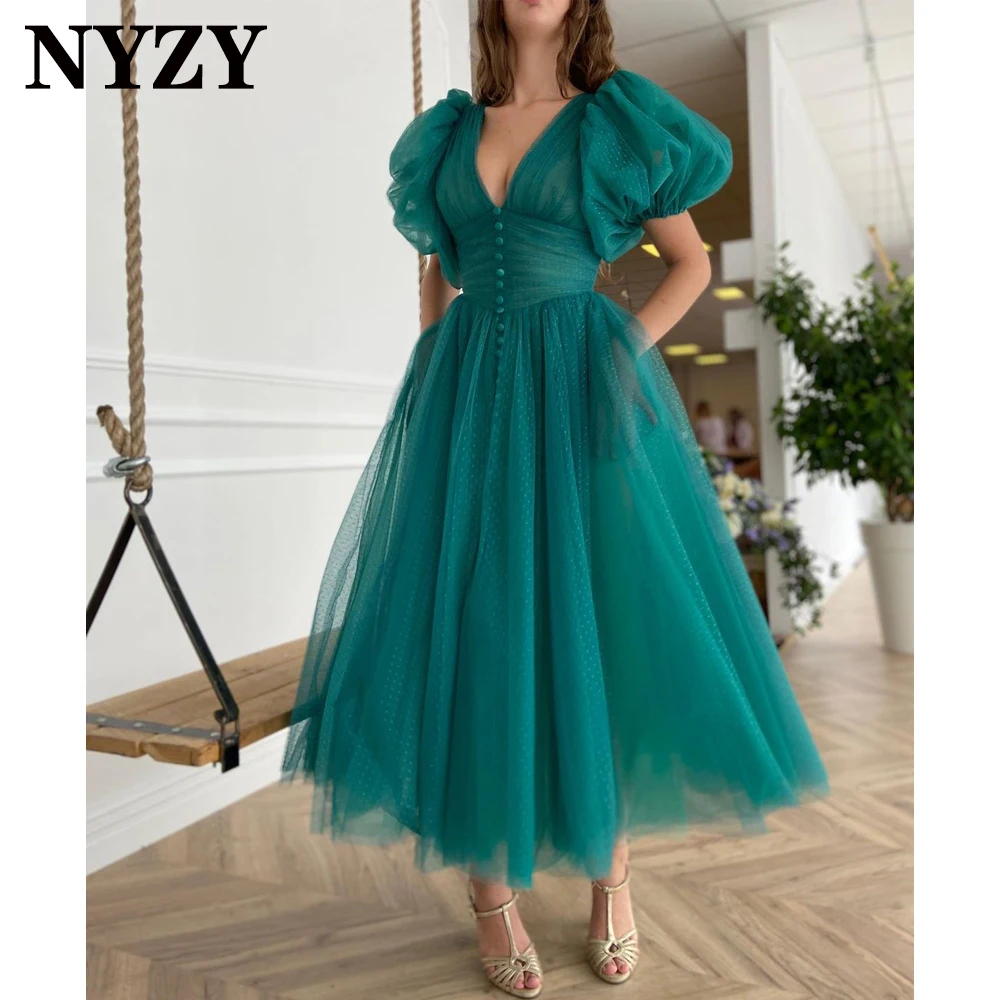 

NYZY Dots Tulle Puffy Sleeves Hunter Green Prom Dresses 2021 Short Party Dress Cocktail Graduation Homecoming Evening Gowns