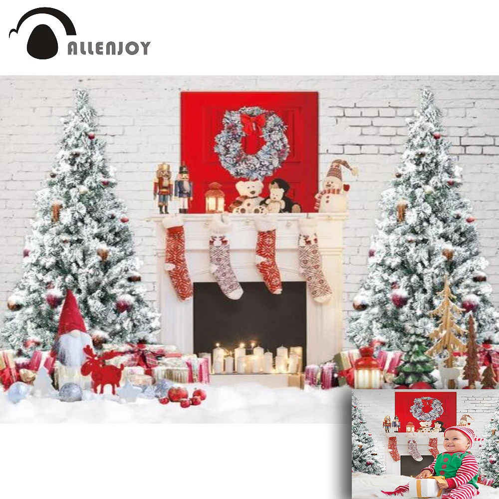 

Allenjoy Winter Christmas Party Brick Wall Backdrop Snow Trees Fireplace Socks Gifts Bells Wreath Candle Photophone Background