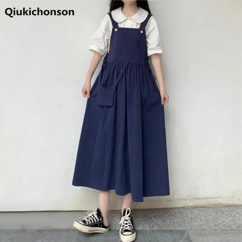 Kawaii Teenage School Girl Skirt Women Summer Casual Loose Sundress With Sling Bag Cute High Waist Long Midi Suspender Skirts