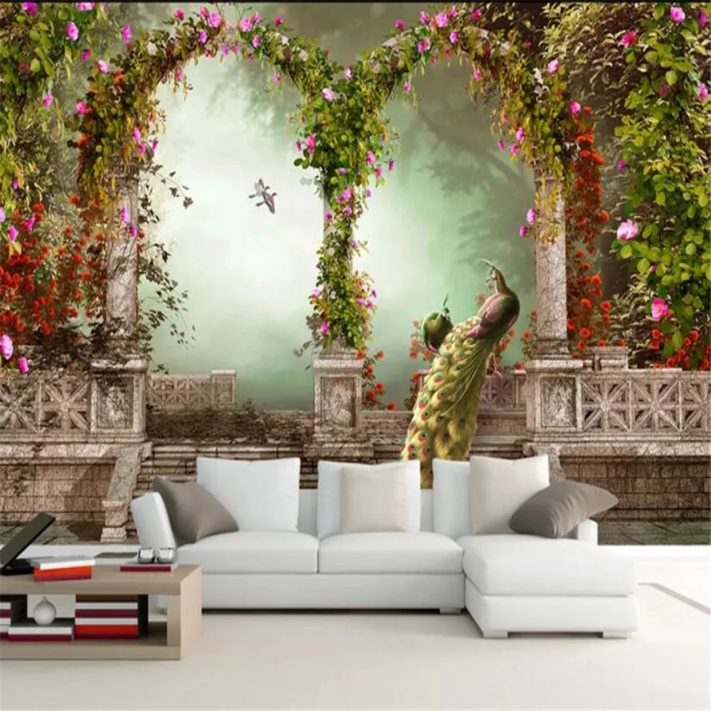 

Milofi European pastoral peacock Roman column bedroom living room TV sofa background wall paper mural