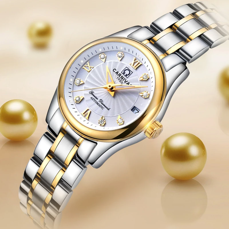 CARNIVAL Brand Dress Watch Ladies Luxury Sapphire Automatic Movement Mechanical Wristwatches Waterproof for Women Reloj Mujer