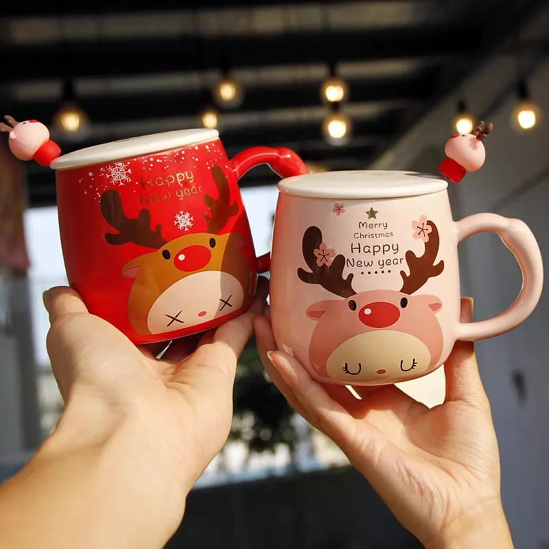 400ml Christmas Deer Red Mugs Instagram Pink Girl Heart Ceramic Mug Cartoon Couple Water Glass Coffee Bottle Spoon with Cover