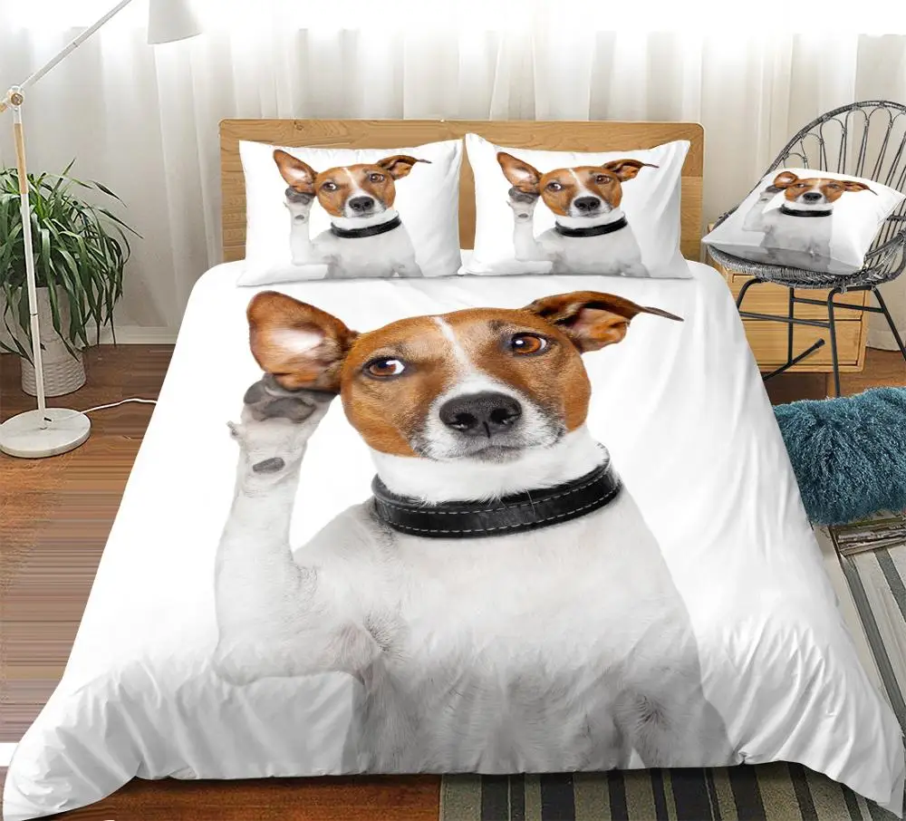 3D Dog Duvet Cover Set White Dog Listening with Big Ear White Bedding Pet Home Textiles Animal Bed Set Queen 3 Pieces Dropship