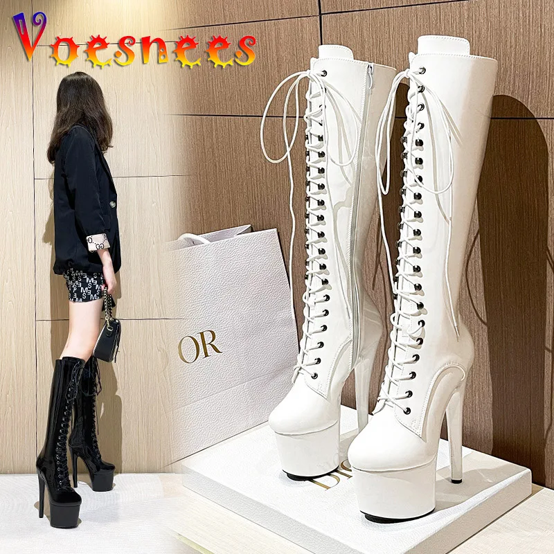 Rome Style Pole Dance Women Shoes Nightclub Patent Leather Round Toe Knee-High Boots Super High Heel 17CM Zip Lace-up Long Boots