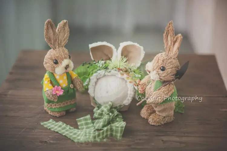 Coconut Newborn Photography Props Mori Straw Matching Small Rabbit Green Forest Theme Hat Multi-color Full-moon Baby Big Ear Hat