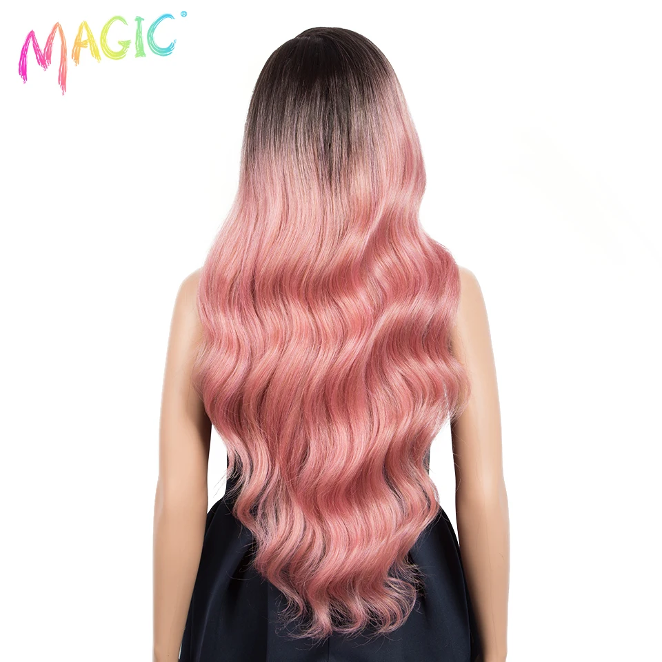 Magic Synthetic Lace Wigs 36inches Nature Body Wave Wig Side Part Ombre Black Pink Cosplay Wig For Black Women