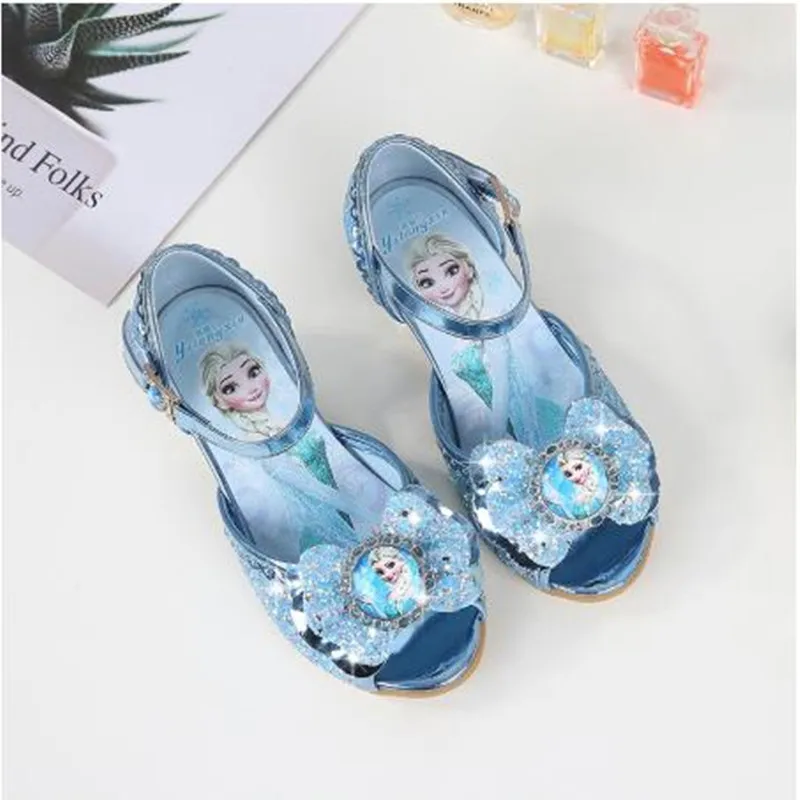 Hot Frozen Elsa And Anna Girls Sandals With Glitter Bow Disney Princess Elsa Party Shoes Kids Dress Shoes