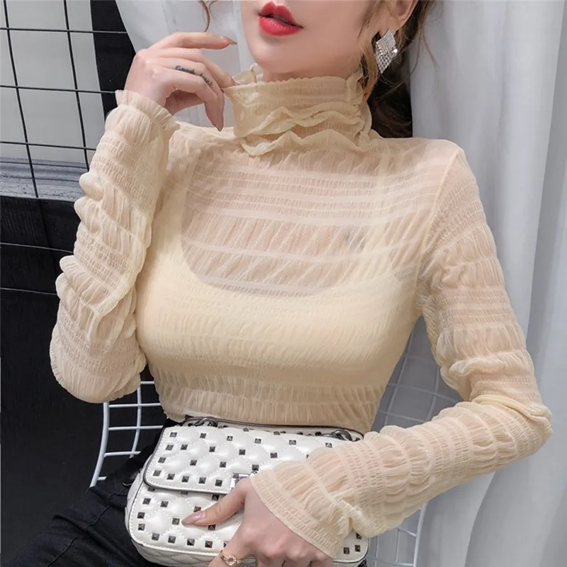 Women Spring Sexy Bottoming Tee Shirt See Through Ladies Turtleneck Long Sleeve Elegant Ladies Solid Colot Tshirt Femme