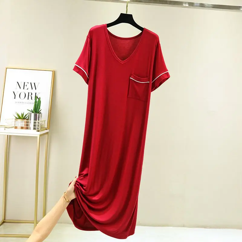 Women Summer Long Nightdress Loose Loungewear Bottoming Night Shirt Pocket Contrast Dress New Short Sleeve Modal Nightgowns