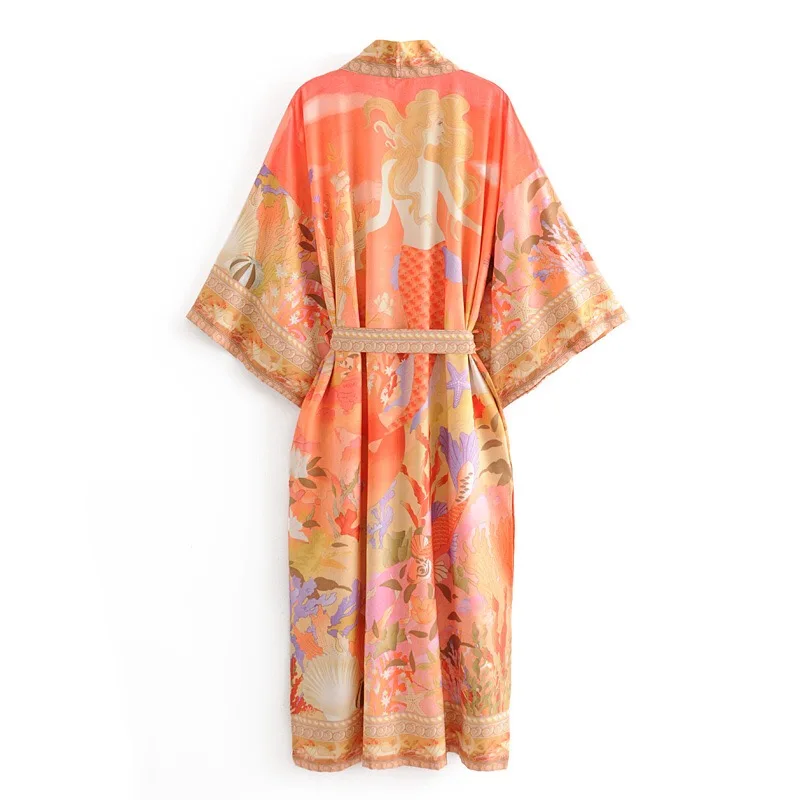 Bohemia Orange Mermaid Flower Crane Print Long Kimono Shirt Ethnic Lacing up Sashes Long Holiday Cardigan Loose Blouse Tops