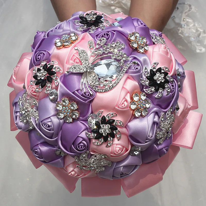 

Pink Purple Wedding Bouquets Pearls Artificial Flowers Crystal Sweet 15 Quinceanera Bouquets Wedding Accesories W2293