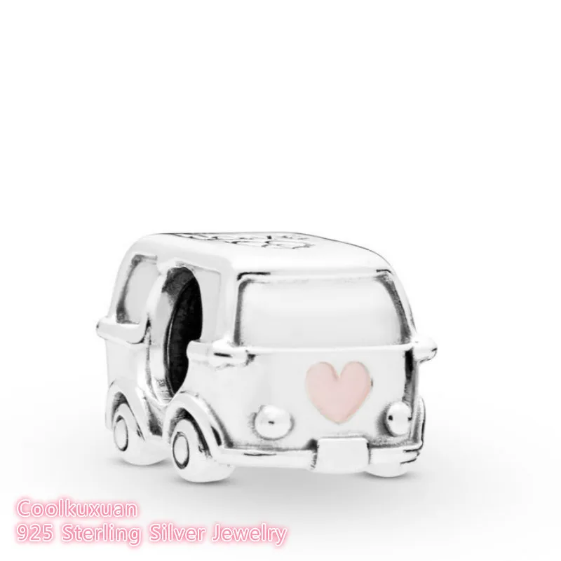 

Spring 100% 925 Sterling Silver Camper Van Charm pink enamel heart beads Fits Original Pandora bracelets Jewelry Making