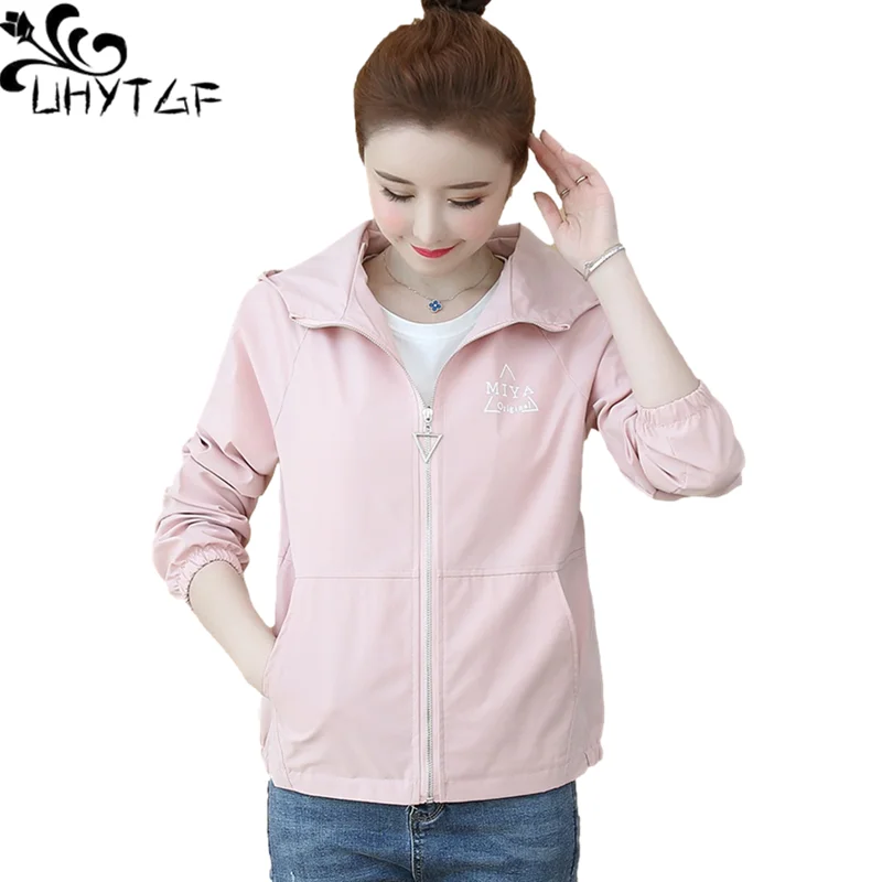 UHYTGF Fashion Women's Spring Summer Jacket Solid Wild Hooded Casual Short Coat Elegant Student Loose Big Size Outerwear 2055