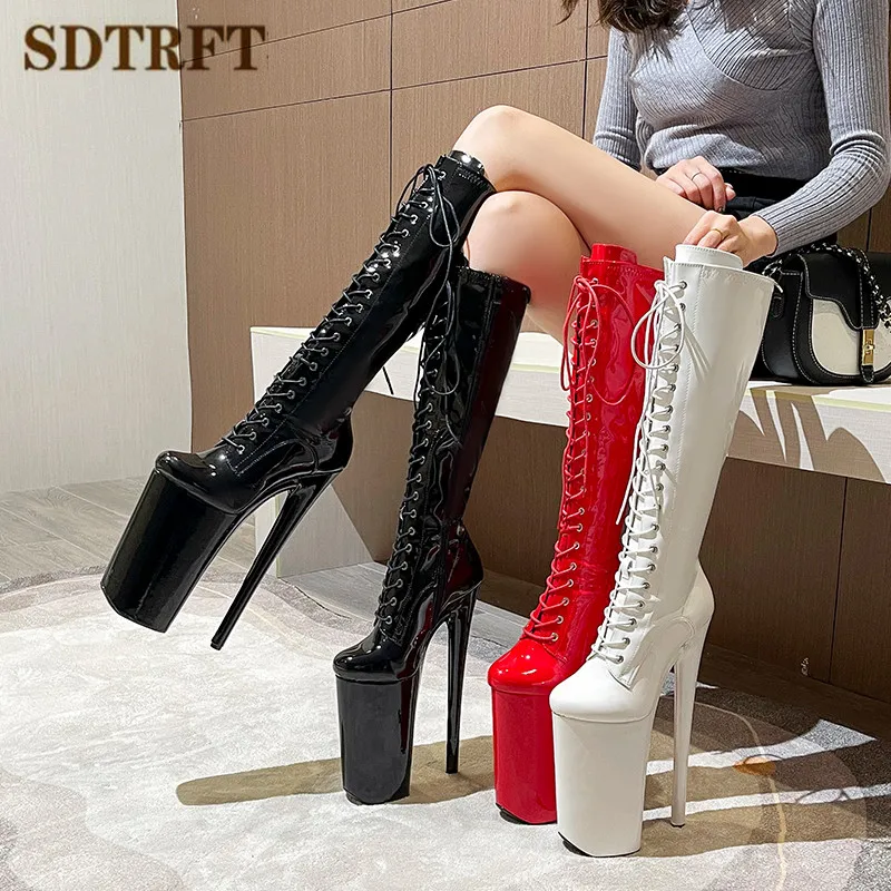 SDTRFT 26CM Super Thin Heel Nightclub Knee-High Long Boots Women Lace-up Zip Design Round Toe Pumps  Waterproof Platform Shoes