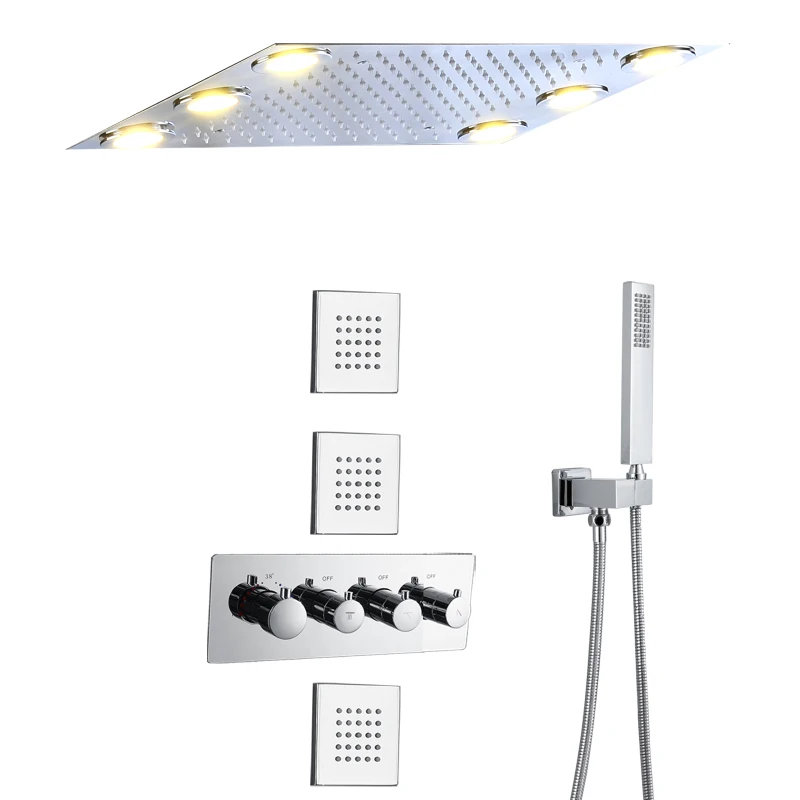 

Chrome Polished Thermostatic Shower Faucet Set 50x36 Cm LED Bathroom Rainfall Concealed Shower System