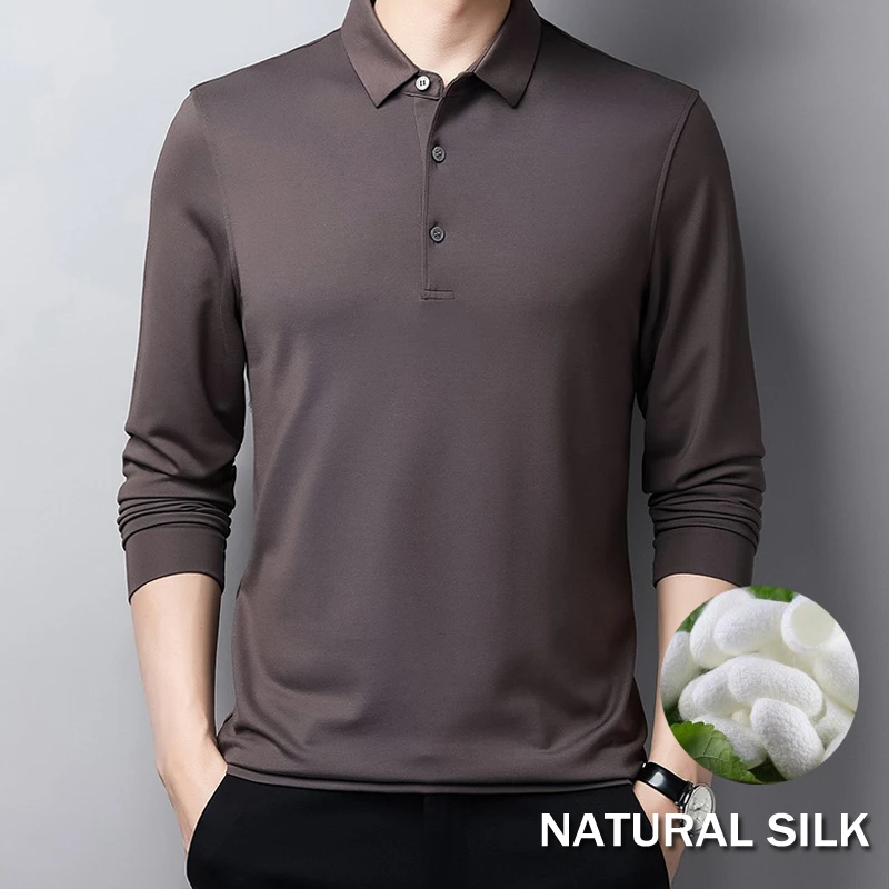 Natural Silk And Modal Blended Polo Shirt Men Long Sleeve Autumn Winter Slim Fit Quick Dry Poloshirt Man Black Collar Shirts Red