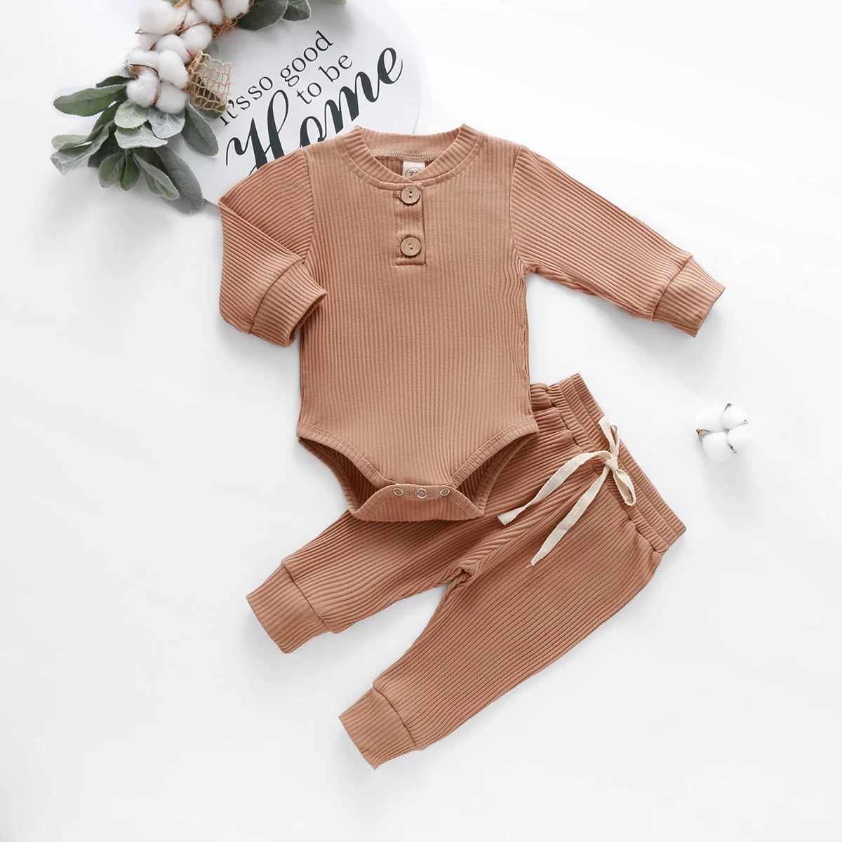 Newborn Infant Baby Girls Boys Ribbed Solid Clothes Sets Spring Autumn Long Sleeve Bodysuits + Elastic Pants 2PCs Solid Outfits