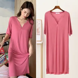 Fdfklak Women's Sleepwear Short-Sleeved 2024 Summer New Sexy Nightgowns Loose Home Service Modal Night Dress