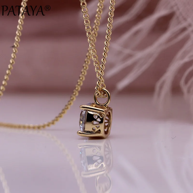 PATAYA New Simple White Round Long Necklaces 585 Rose Gold Color Pendants Women Natural Zircon Cute Engagement Fashion Jewelry