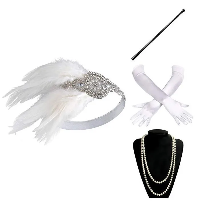 1920S Flapper Jurk Kostuum Accessoires Retro Party Props Gatsby Charleston Hoofdband Parel Ketting Witte Veer Band Voor Vrouwen