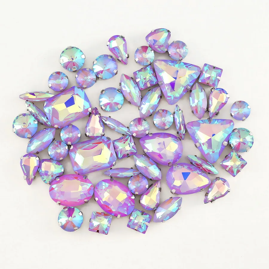 Silberne Krallenfassungen, 50 Stück/Beutel, verschiedene Formen, Regenbogen & Jelly Candy AB Glaskristalle zum Aufnähen, Strass für Hochzeitskleider, Schuhe, Taschen, DIY – Detail 12