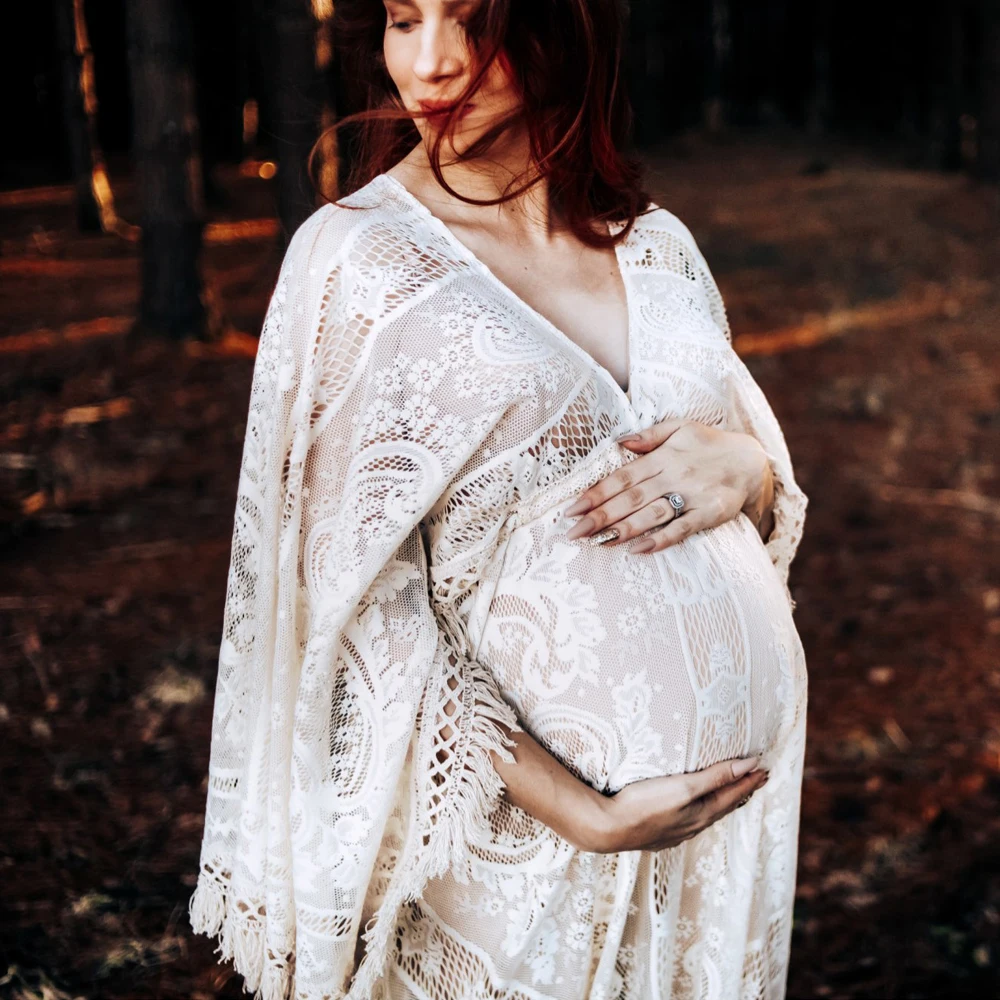 Heißer! Boho Maxi Lange Glocke Ärmeln Mutterschaft Kostüm Schwangere Kleid Spitze Robe Couture Frau Fotografie Kostüm Baby Dusche Kleid