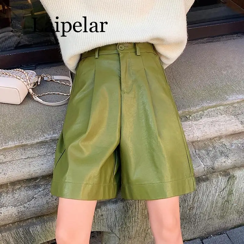 

S-3XL Fashion PU Leather Shorts Women's Autumn Winter Bermuda Elastic Waist Loose Five Points Leather Trouser Shorts