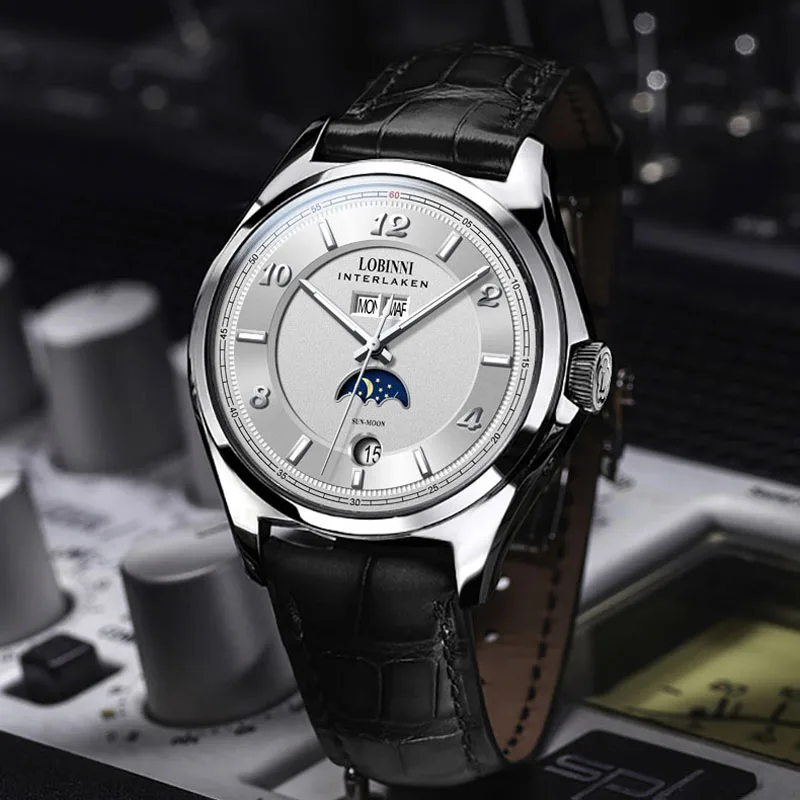 LOBINNI الأعمال الميكانيكية ساعة رجالي موضة التلقائي رجل الساعات جلد طبيعي تاريخ الأسبوع القمر المرحلة عرض ساعة الذكور