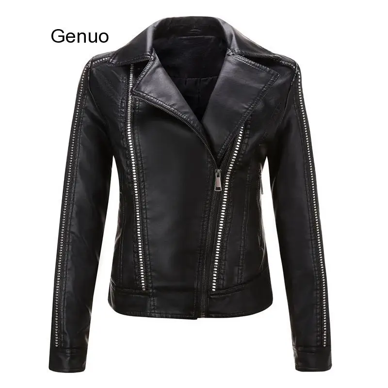 

New Women Punk Style Rivet Zipper Short Faux Leather Jacket Streetwear Moto Biker Turn Down Collar Female Pu Coat Outwear