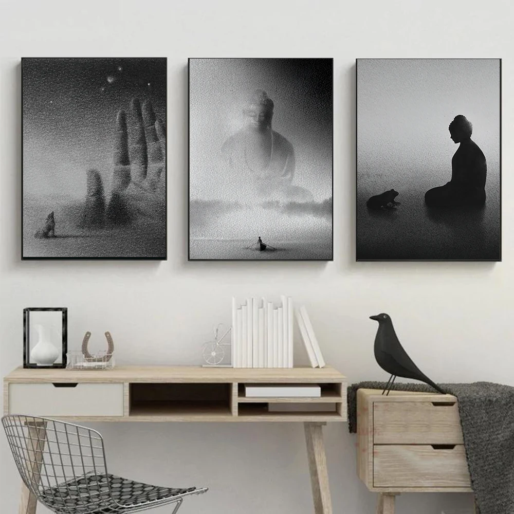 

Black White Veiled Buddha Zen Boy Wall Art Canvas Painting Animal Prints Poster Meditation Yoga Pictures Living Room Home Decor