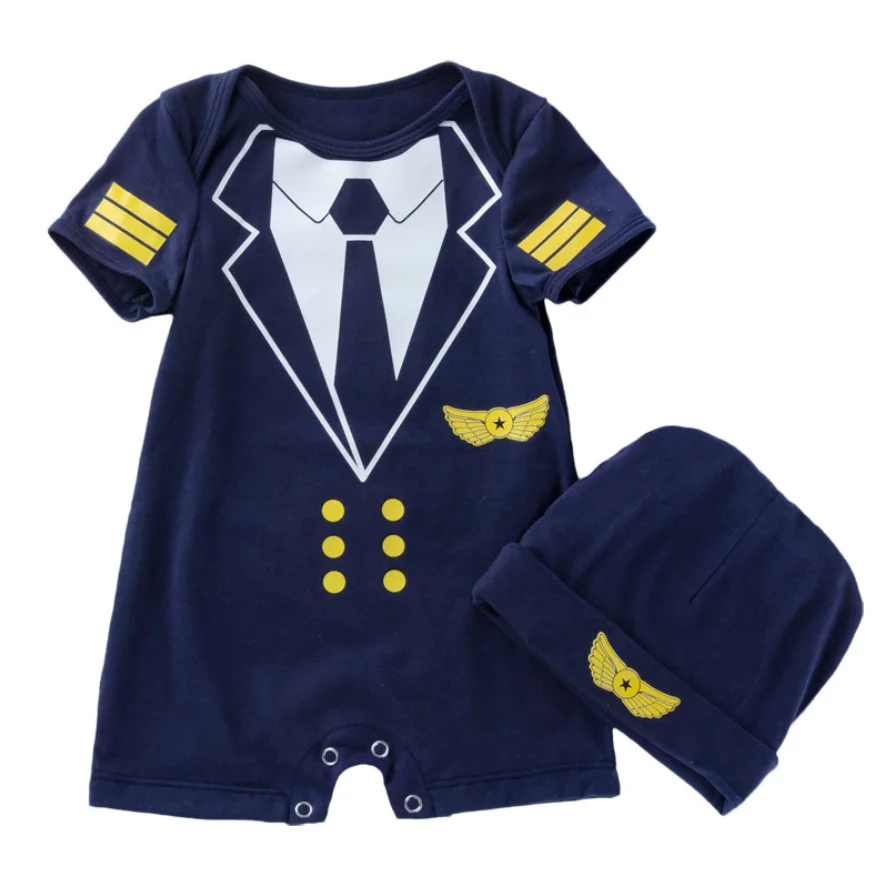 

Baby Boy Pilot Uniform Outift Photo Prom Dark Blue I can Fly to Be a Pilot Costume for Infant Boy with Hat