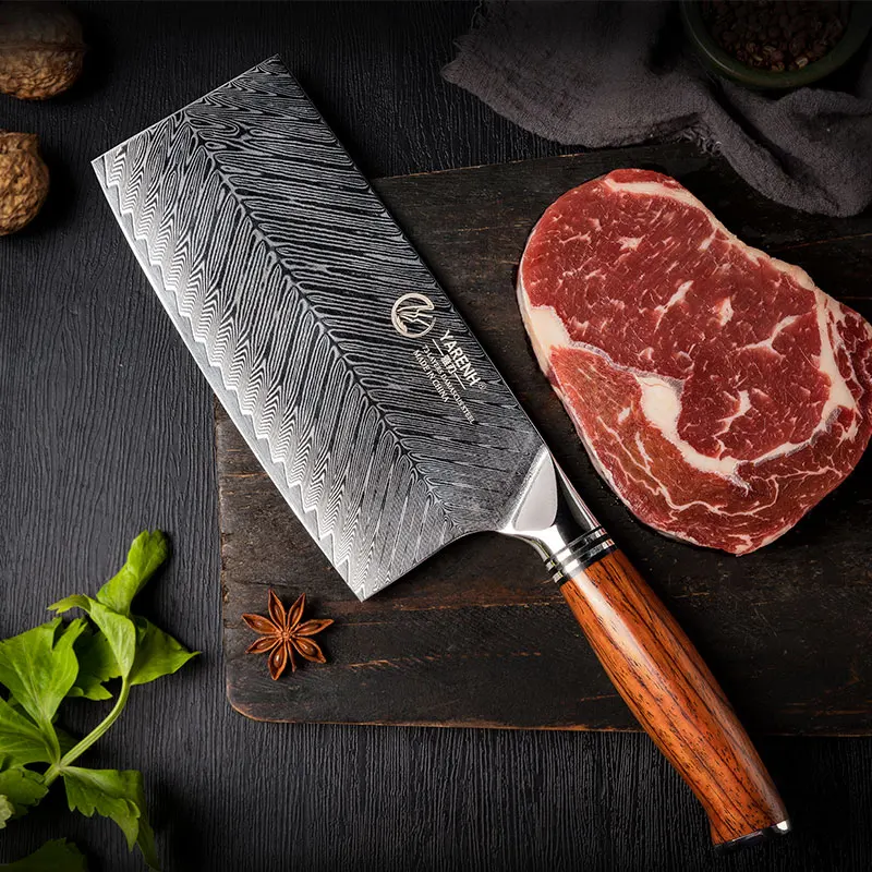 YARENH 7 Inch Cleaver Knife - Chinese Style Chef Utility Knife - Damascus Stainless Steel Cooking Knives - Dalbergia Wood Handle