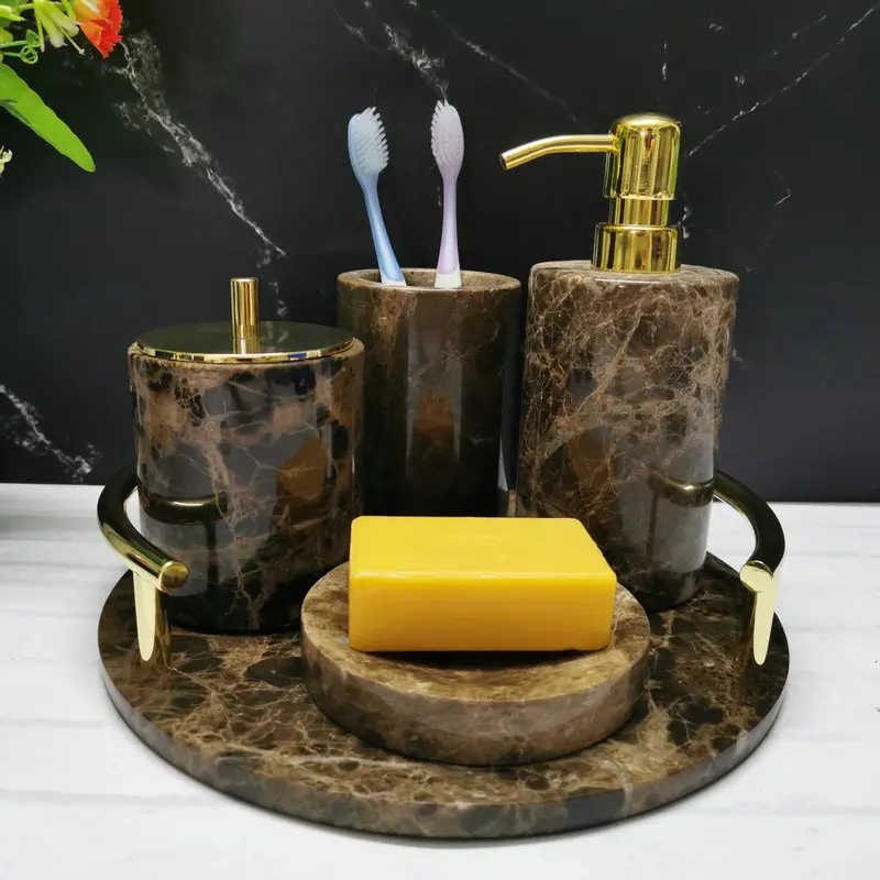 Marble Bathroom Accessory Set Natural Marble Bathroom Washing Set Liquid Soap Dispenser Mouthwash Cup Soap Dish and Tray