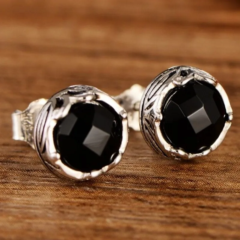 BOCAI S925 Pure Silver Jewelry Retro Simplicity Round Black Natural Stone Earrings Gifts For Men and Women