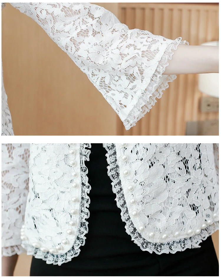 Women\'s Jackets 2024 Fashion Flare Sleeve White Jacket Women Jacket Beading Hollow Lace Jacket Women Coat B891