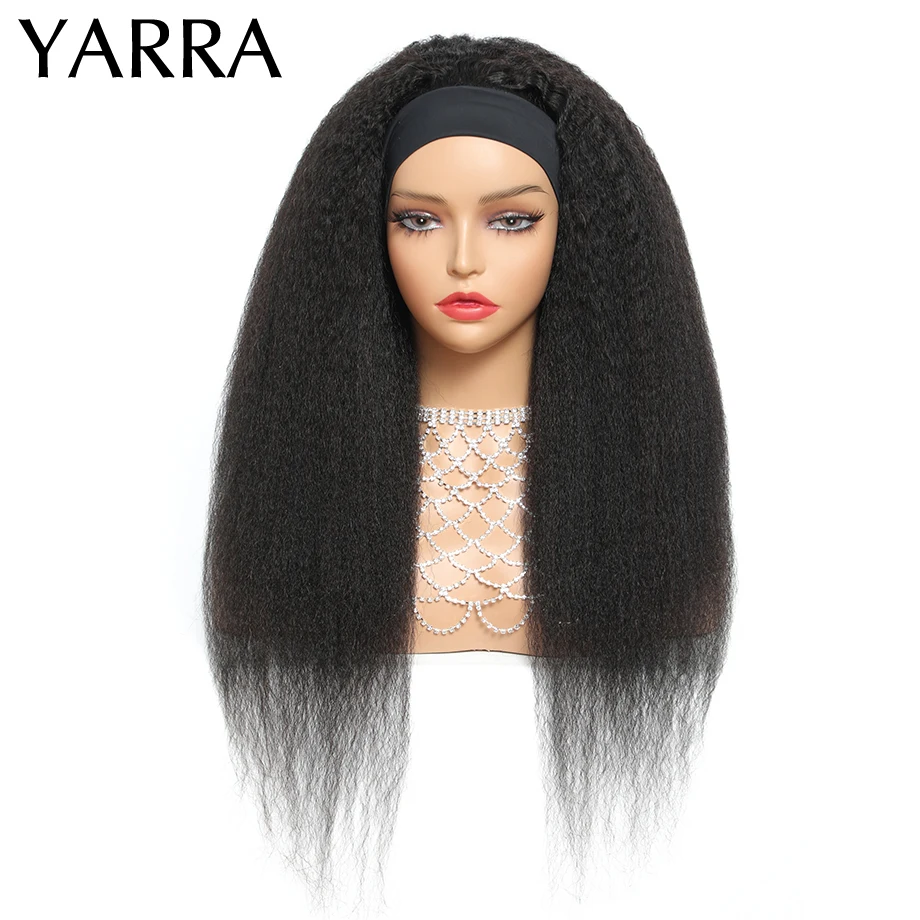 Headband Wig Human Hair Kinky Straight Indian Remy Human Hair Wig With Headband Attached No Glue Machine Made 180 Density Yarra