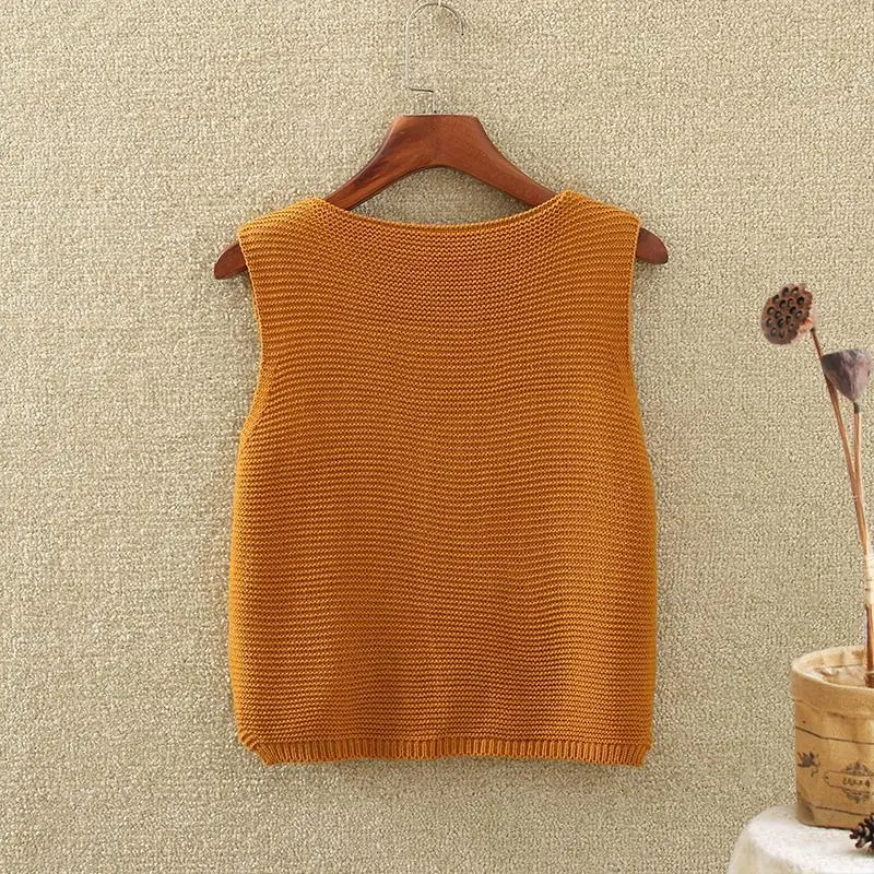 Sweater Vest Women Single Breasted Button Sleeveless V-neck Knitting Korea Solid Short Retro Streetwear Top Clothing Womens Chic