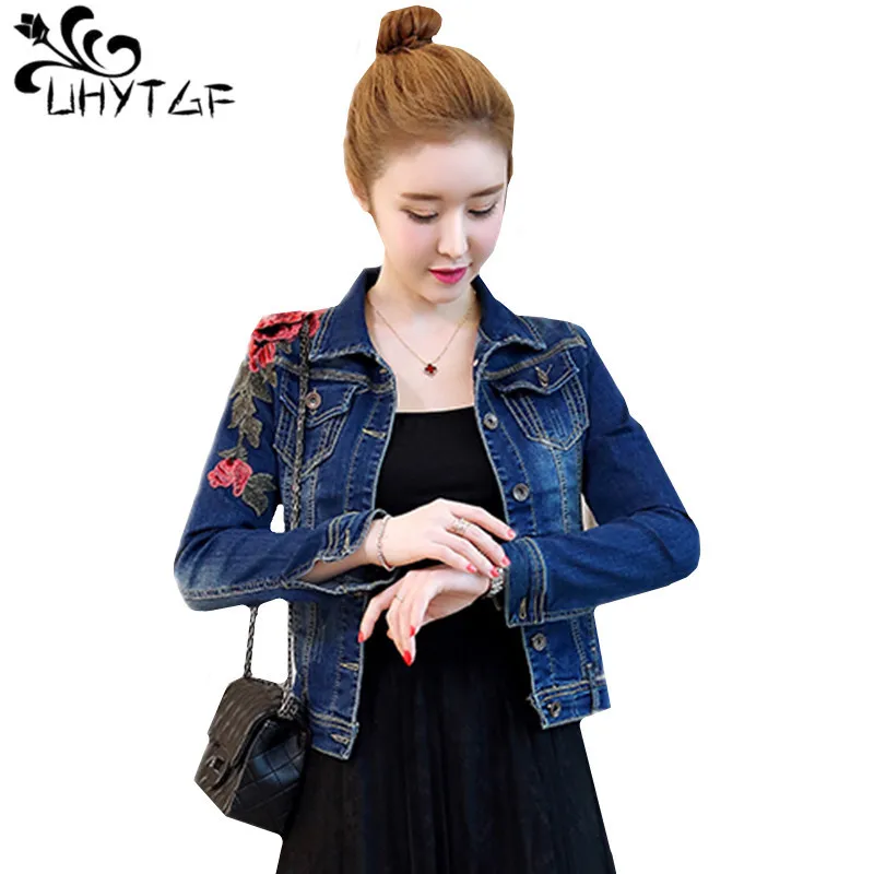 UHYTGF New Short Jeans Jacket Women Fashion Embroidery Slim Outerwear Autumn Denim Jacket Single-Breasted Spring Coat Female 877