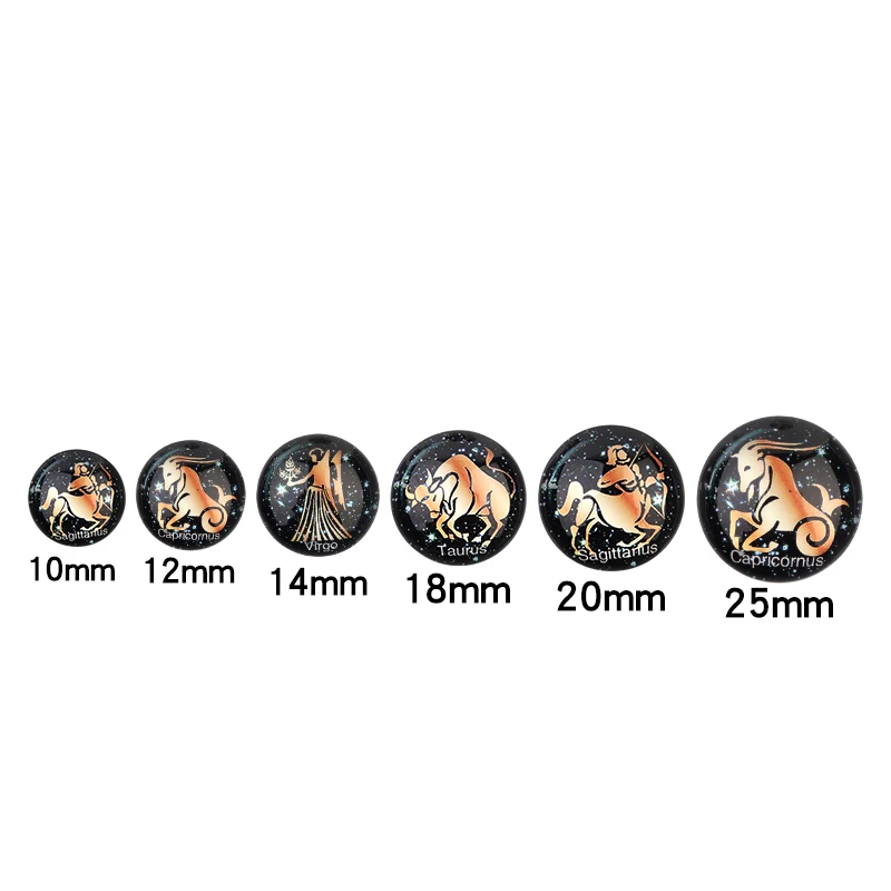 10pcs Twelve Constellations English Notes Pattern 10/12/14/18/20/25mm Round Dark Glass Cabochon For DIY Jewelry Making Necklace