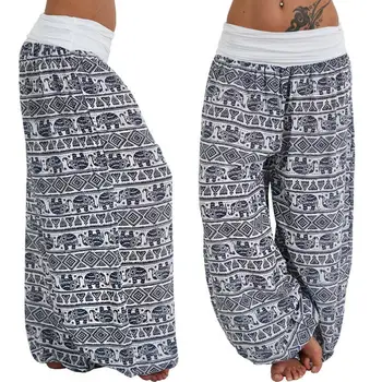 Pantalones bohemios para mujer, pantalones deportivos con estampado de elefante, pantalones largos de cintura baja, pantalones bombachos holgados, pantalones largos, pantalones bombachos holgados