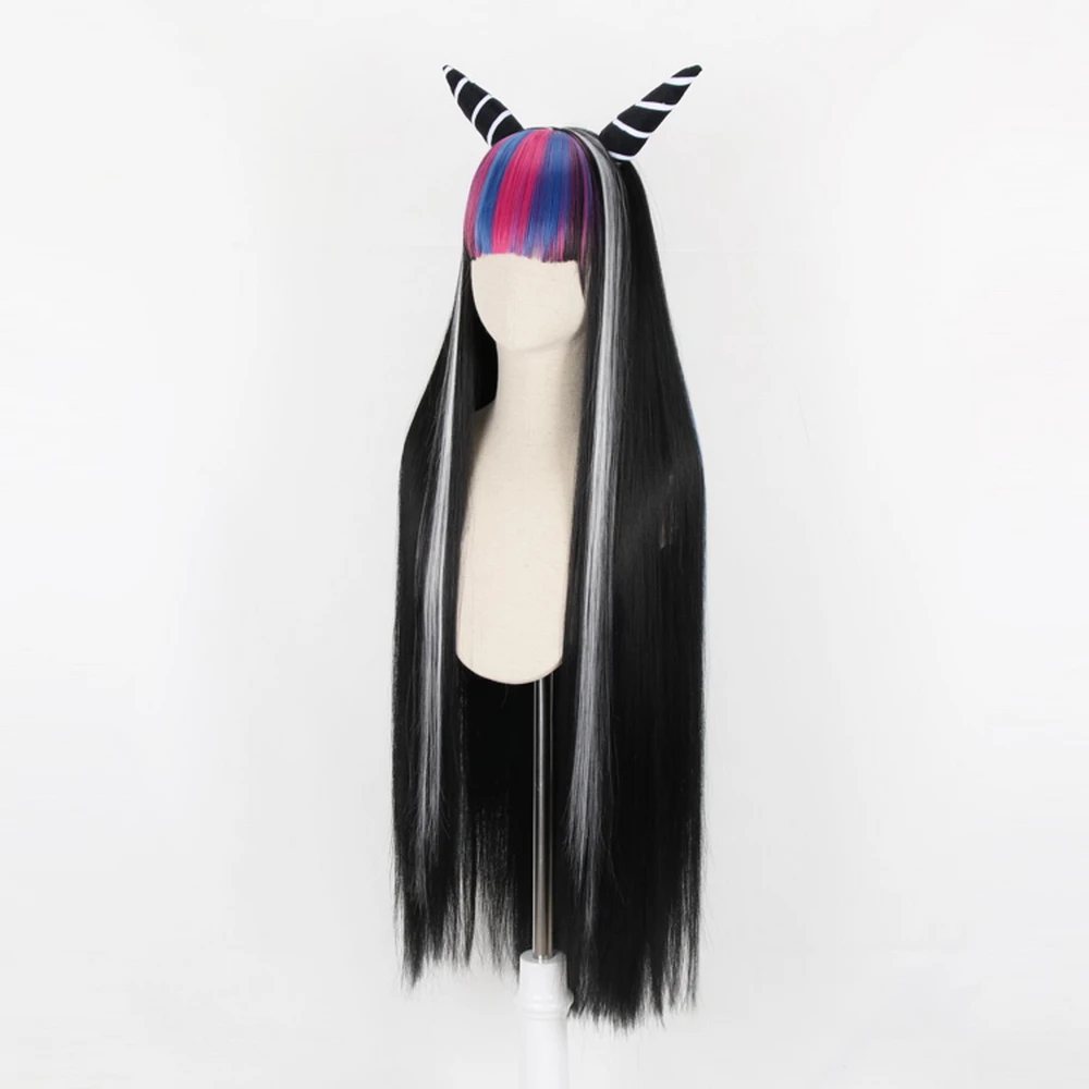 Danganronpa-Peluca de cabello sintético para Cosplay, cabellera artificial largo y liso de 100cm con gatillo feliz Havoc, Mioda, Ibuki, para Halloween, Color negro mezclado