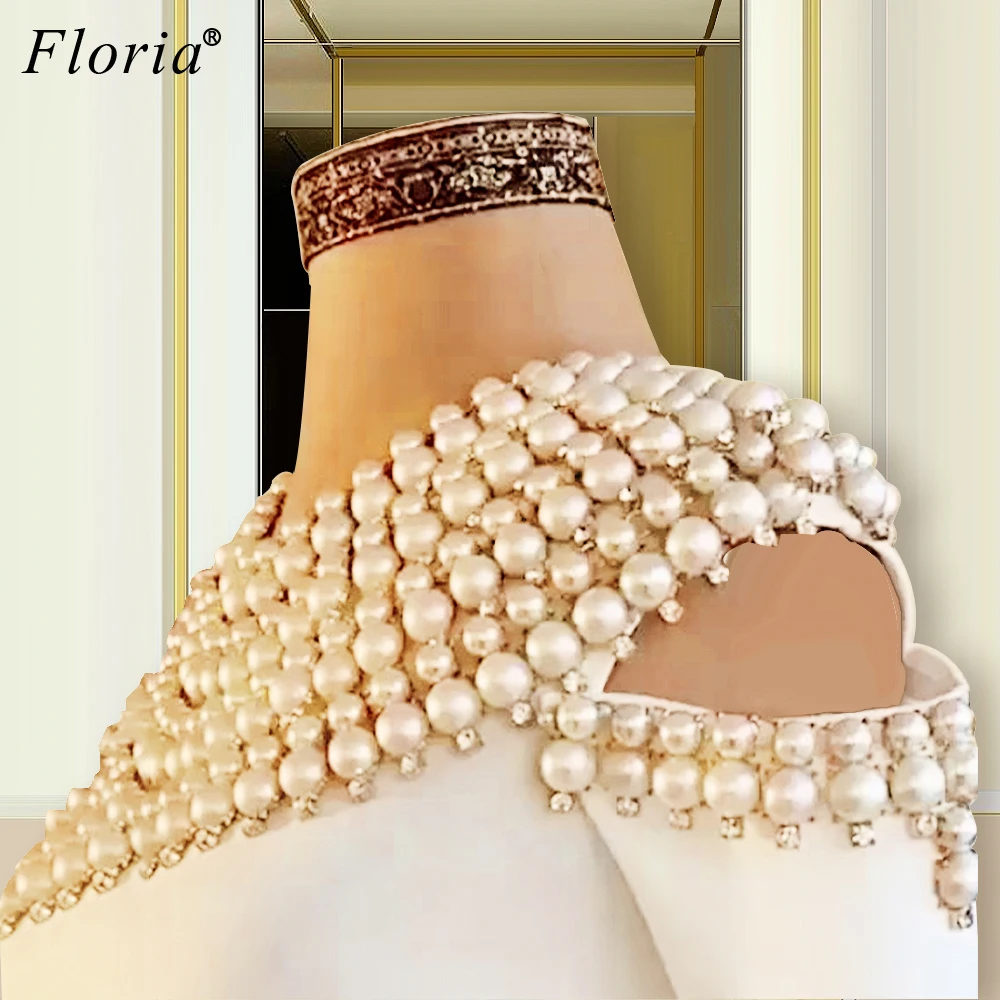 Haute cuture pearls celebrity dress 2020 a-line manga longa formal noite vestidos mulheres festa de baile vestido robes