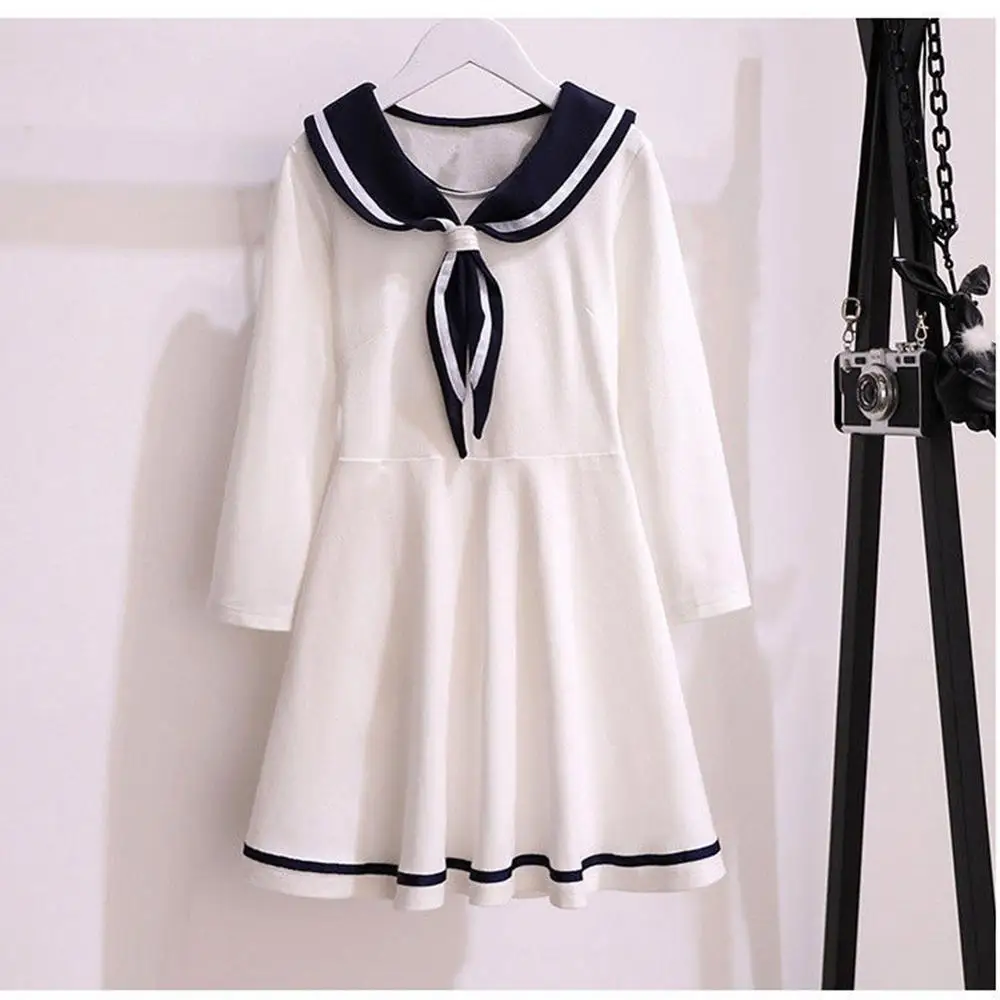 4-14 Years Girls Sailor Collar Dress Kids Toddler Long Sleeve Bow Dresses for Girls Autumn Spring Children Clothing 6 8 10 12 14