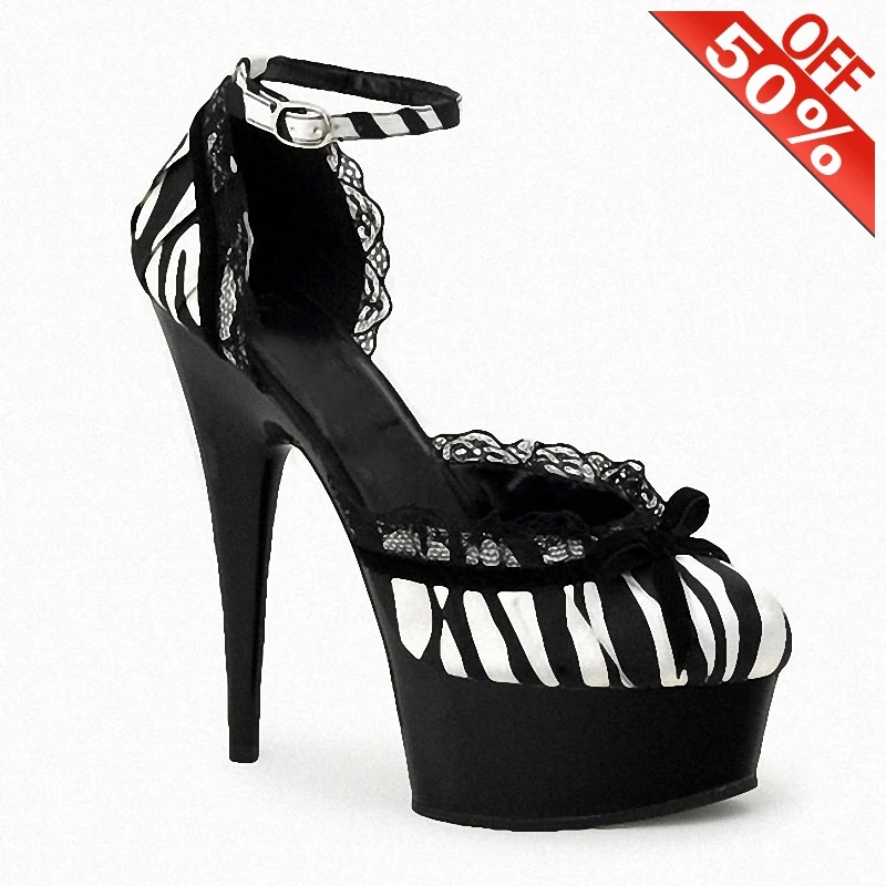 Novelty Zebra Summer Hollow Buckle strap Pumps 15cm High heeled shoes 6 inches Nightclub stripper pole dancing gothic Platform