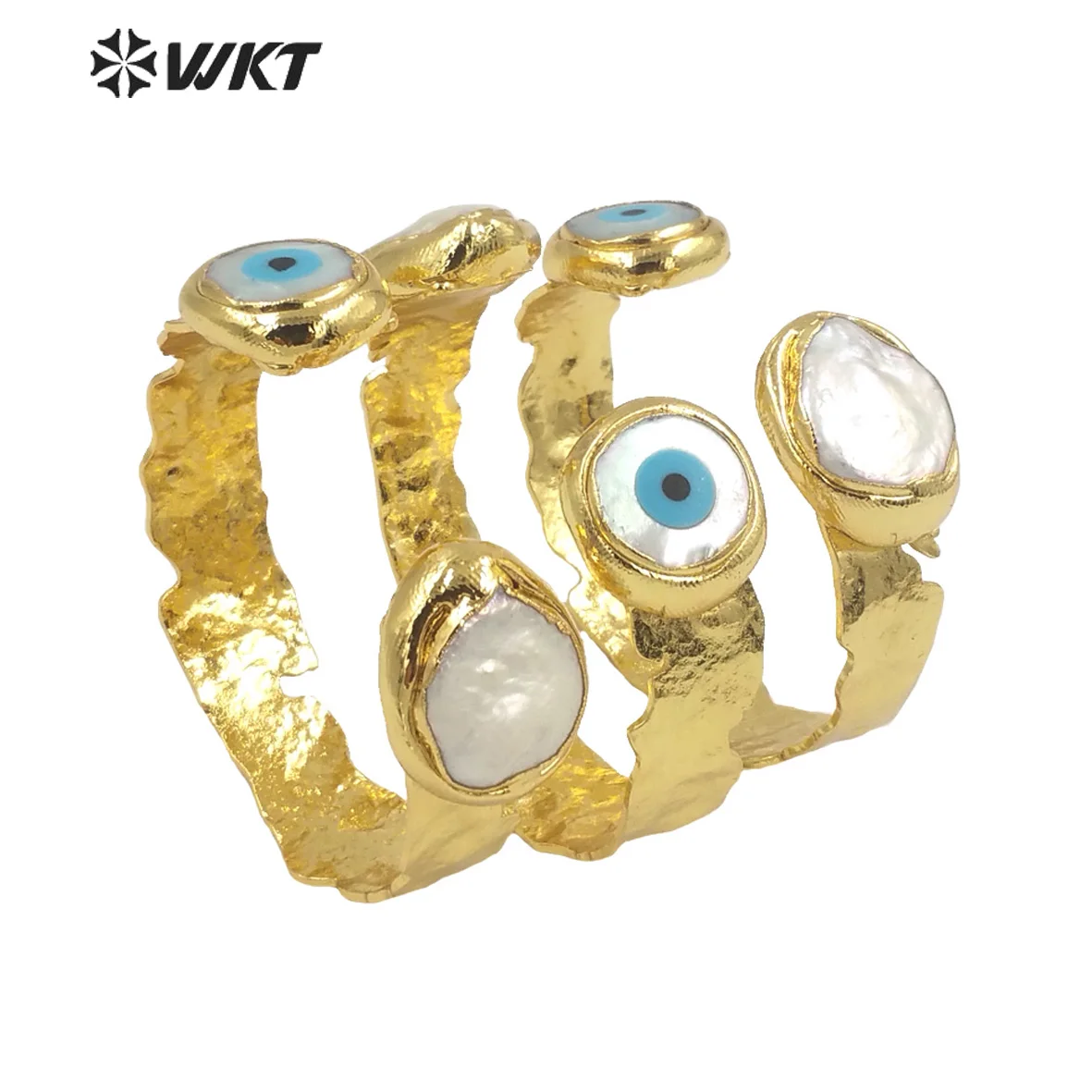 WT-MPB044 WKT Vintage Gold Electroplated Pearl Devil Eyes Shell Bangle Religious Style Women Luxury Cuff Bracelet Jewelry